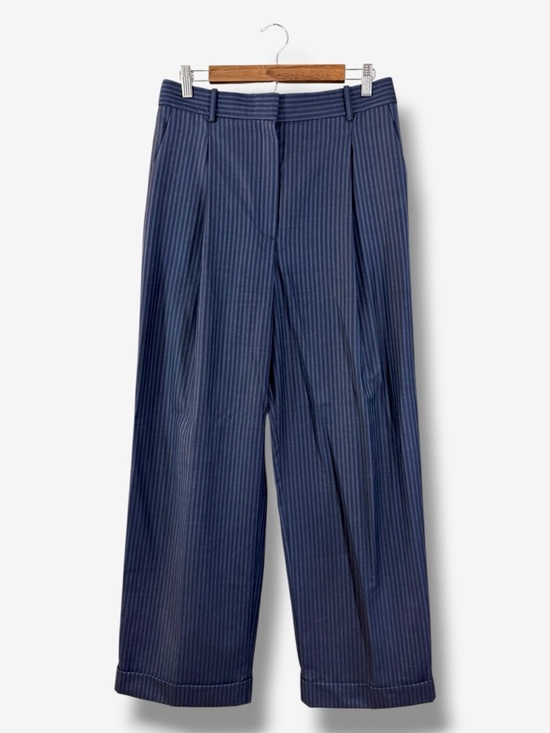 Theory Pants - Theory Pleated Wide Leg Wool Trouser Size 10 Navy Blue Stripe Cuffed Minimalist